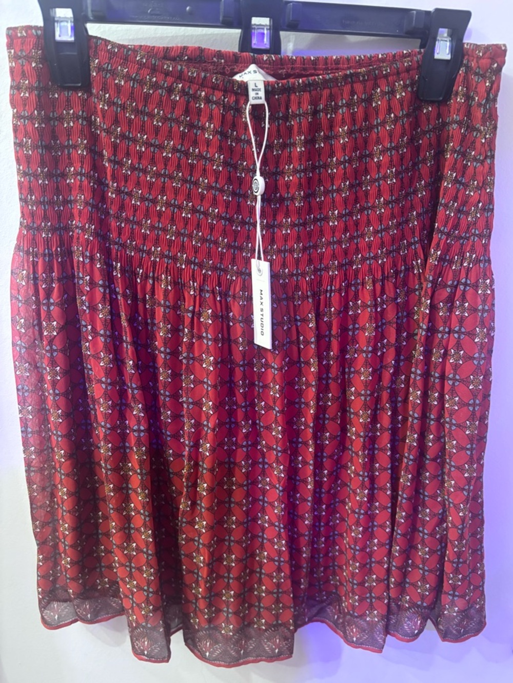 NWT Max Studio Red Patterned Smocked Waist Skirt
